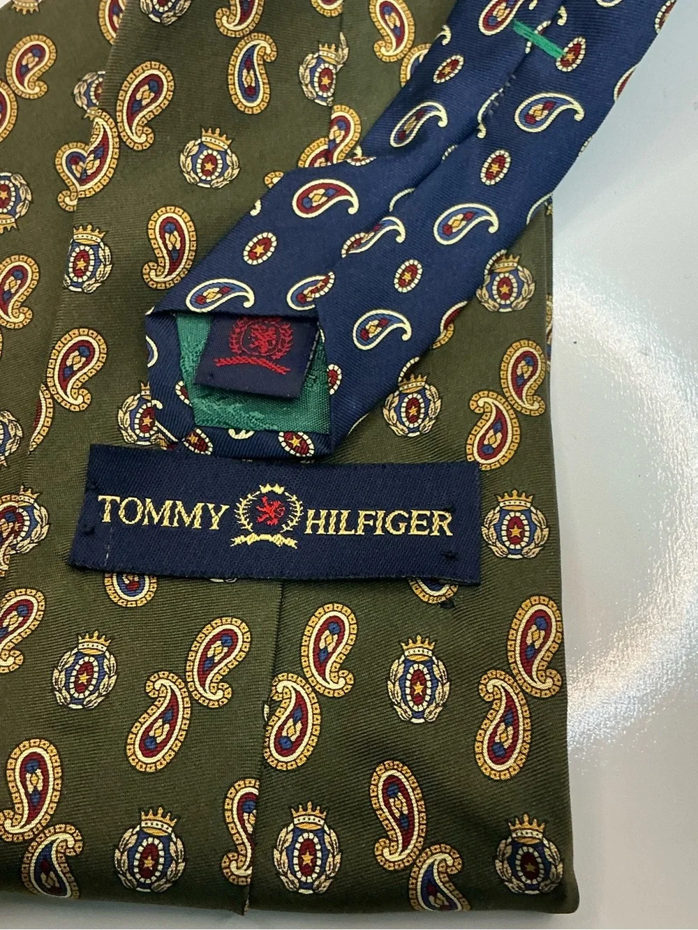 Tommy Hilfiger Olive Green Paisley Silk Tie with Maroon and Gold Accents